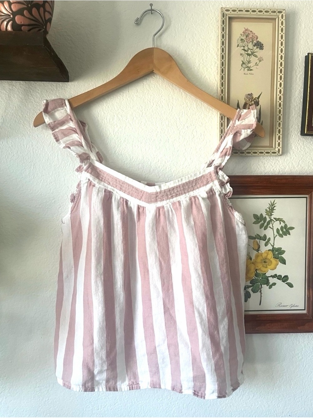 Sincerely Jules Pink & White Striped Ruffle Strap Tank - 100% Cotton